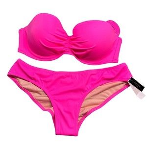 Victoria Secret Woman’s Pink 38C Bikini Top Large Ruched Cheeky Bikini Bottom